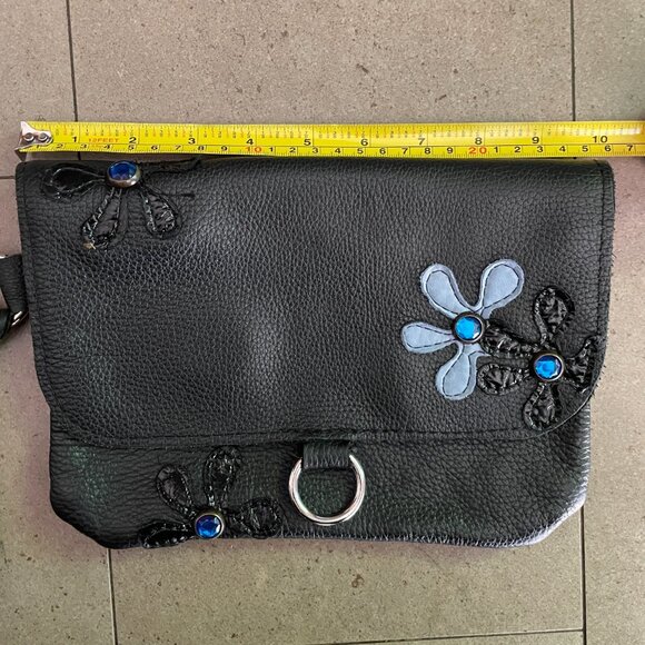Navy Blue Leather Purse/Clutch with Flower Appliques and  Handle - Picture 7 of 8